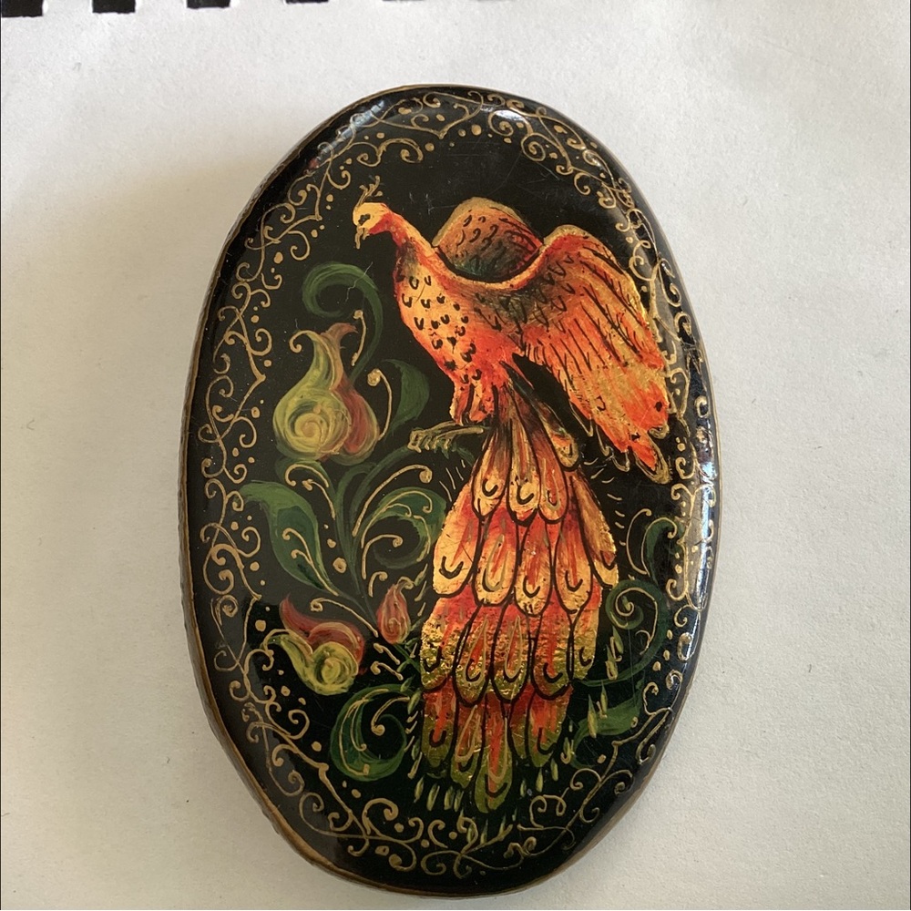 1992 Russian Handcrafted Black and Gold Firebird Phoenix Brooch Oval 3”